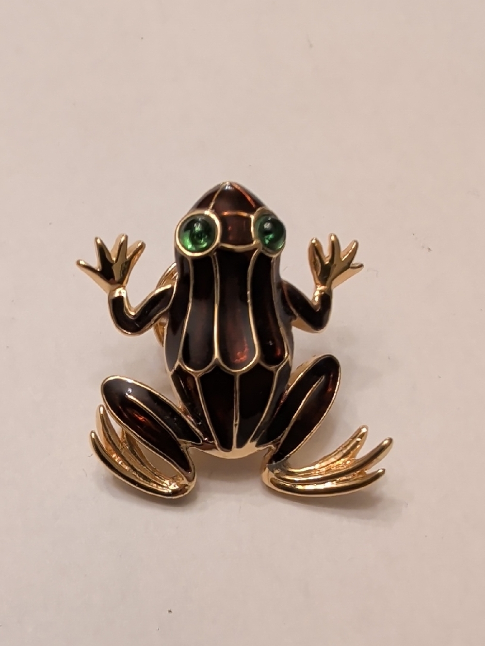 Trifari Gold Tone Frog Brooch with Dark Brown Enamel and Green Eyes